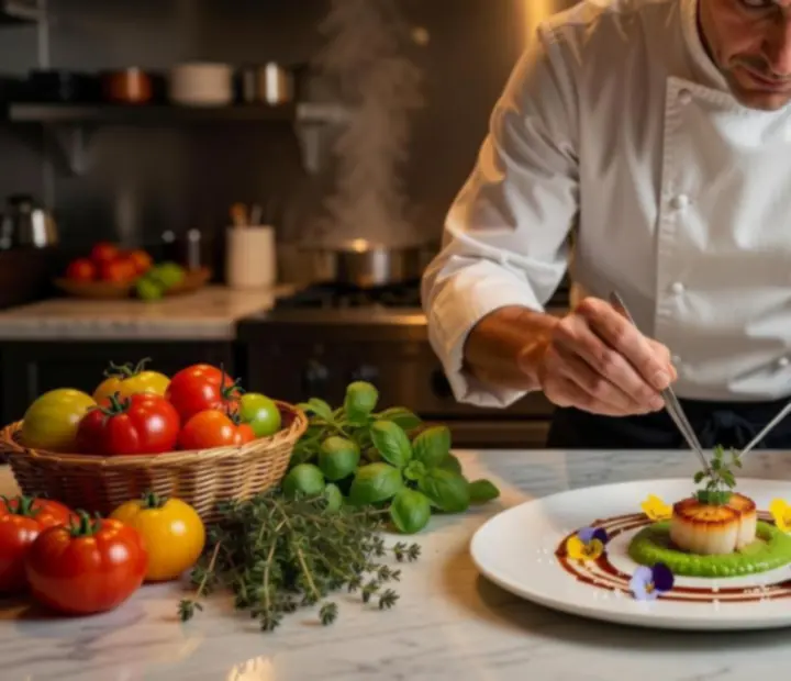 Šéfkuchár TopDiningZone pri príprave degustačného menu v otvorenej kuchyni