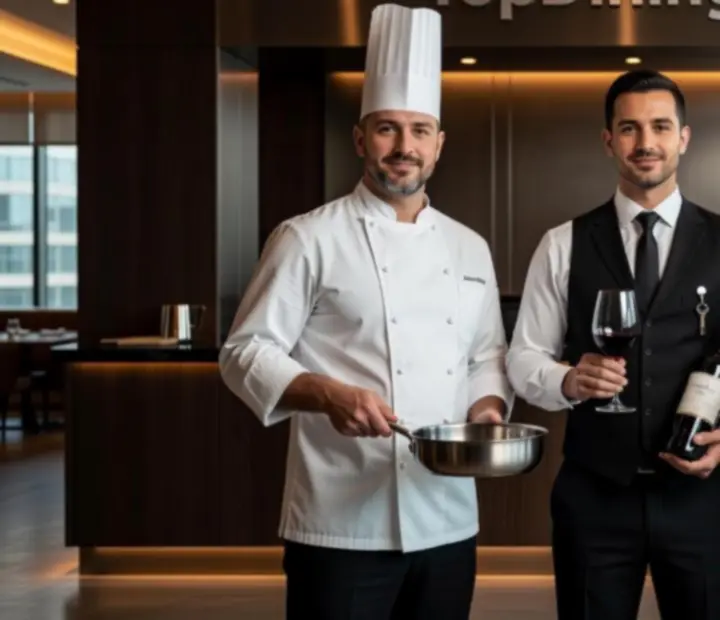 Zakladateľský tím TopDiningZone – šéfkuchár, someliér a manažér herňa lounge v elegantnom interiéri.