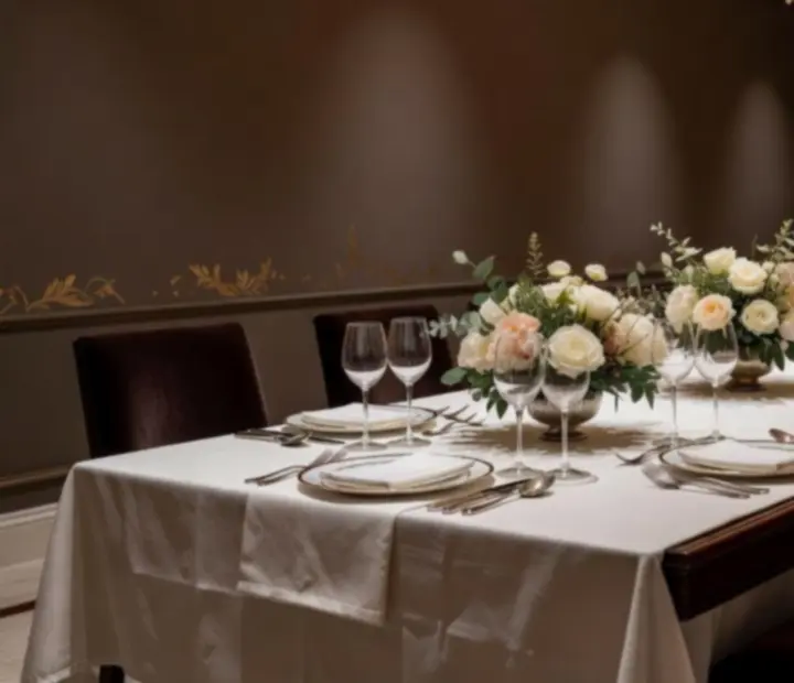 Elegantný súkromný salónik pripravený na VIP večeru s jemným osvetlením a prestretými stolmi