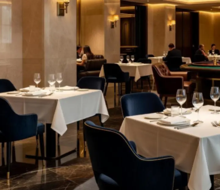 Interiér TopDiningZone – elegantná jedáleň s výhľadom do diskrétneho herný priestor lounge s ruletovým stolom.